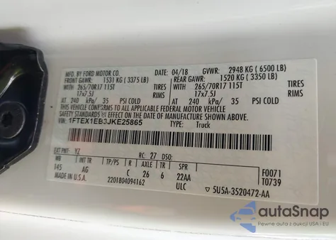 2018 Ford F-150 Xl из США, поврежденный, VIN 1FTEX1EB3JKE25865